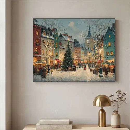 Kerstsfeer - Stadsplein - Kleurrijk Textielframe zwart klein -sfeer2