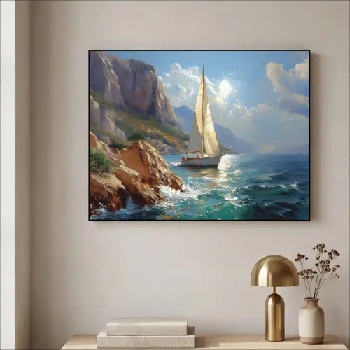 Zeilschip - Zee - Rotsen - Wolken Textielframe zwart klein -sfeer2