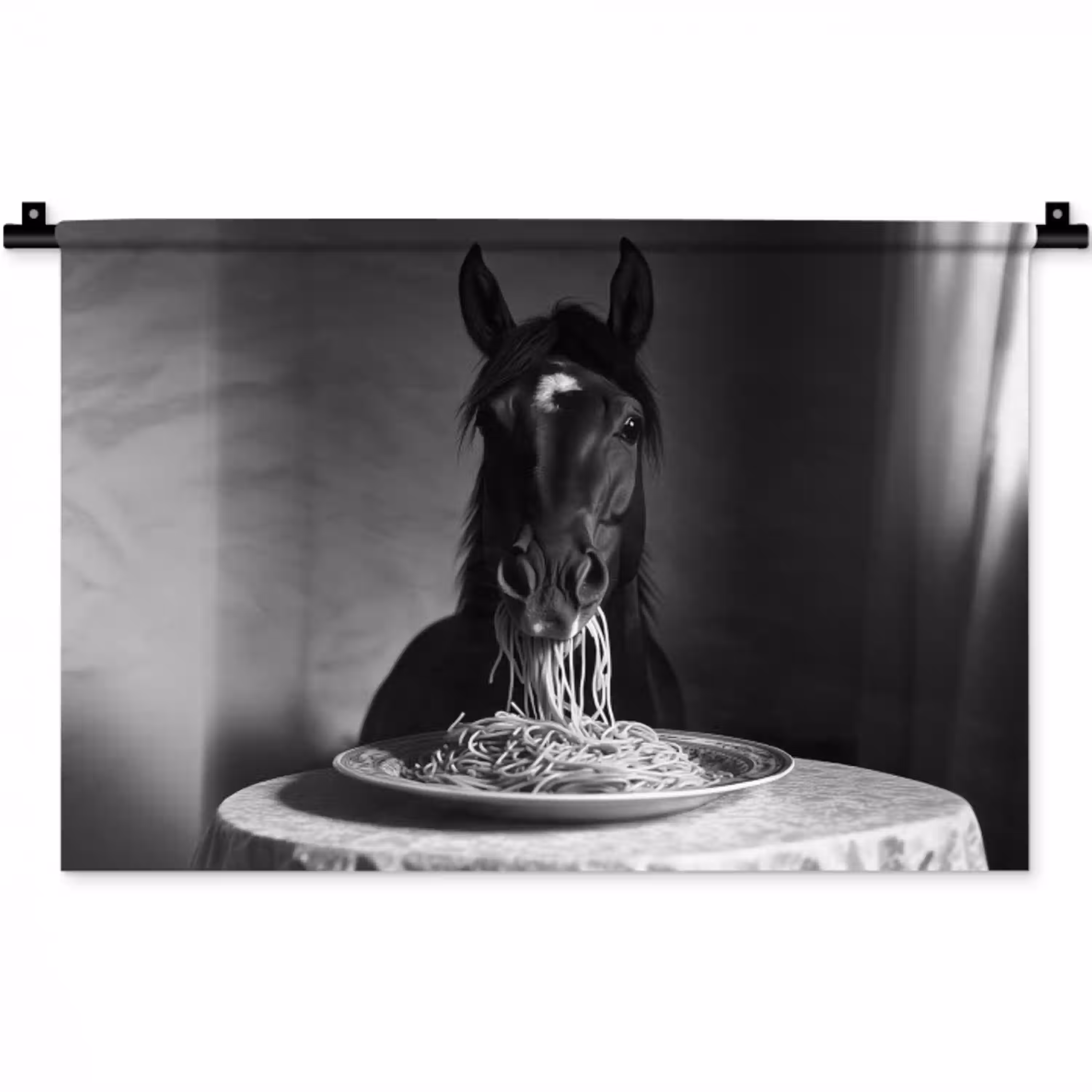 Paard - Bord - Pasta - Tafelkleed - Zwart Wit - Dieren Wandkleed katoen klein -zz3d