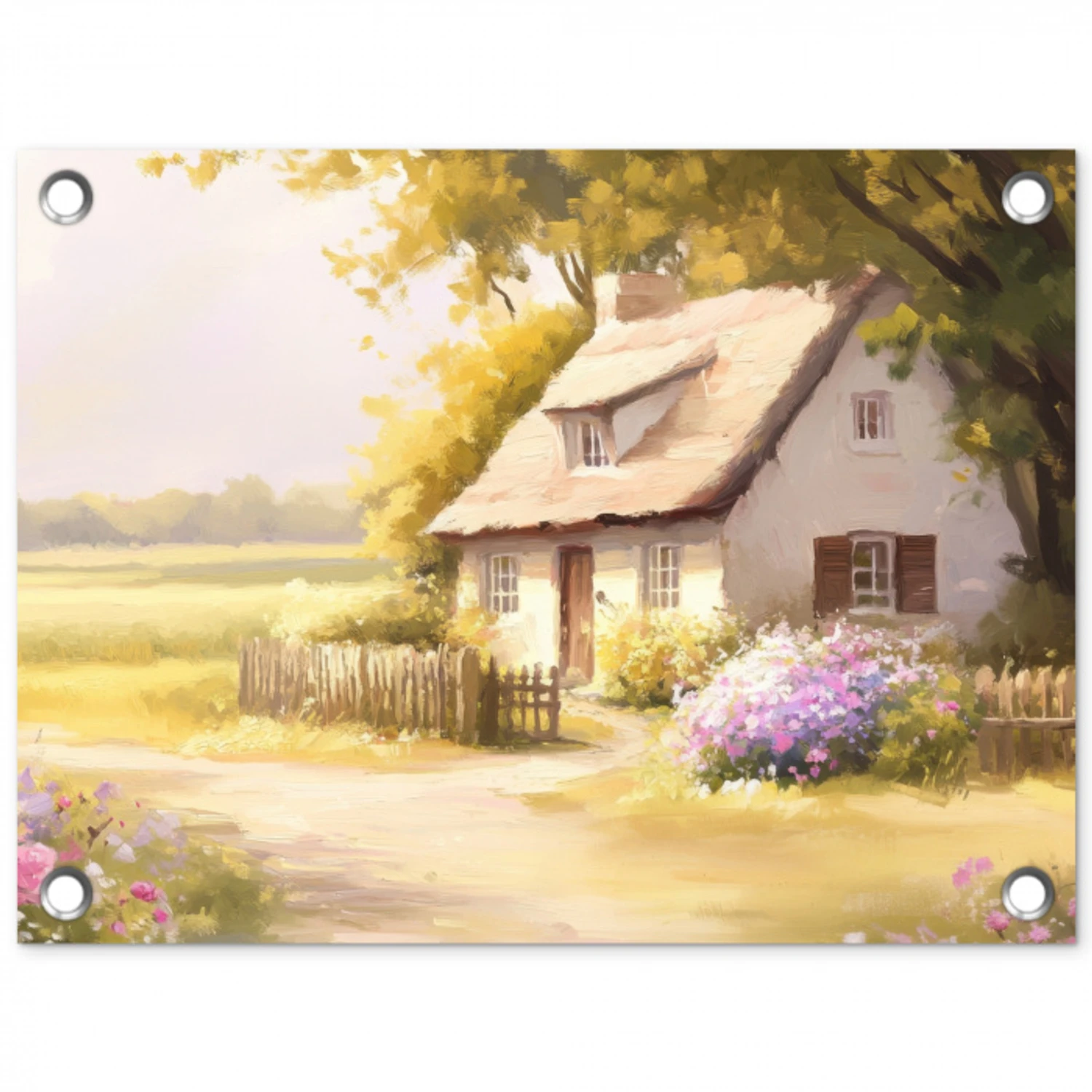 Huisje - Hout - Bloemen tuinposter los doek klein -3d