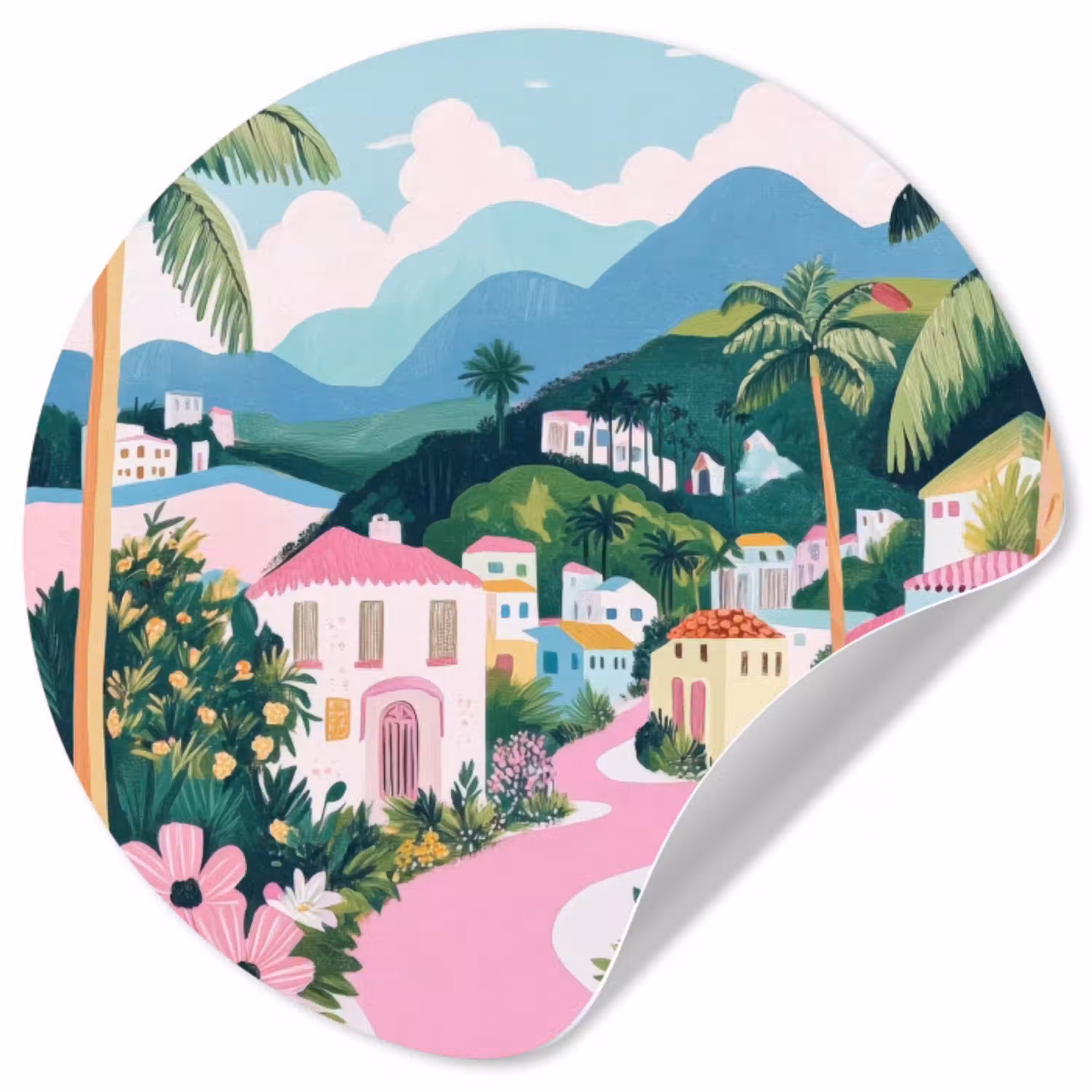 Kleurrijk - Huizen - Heuvels - Roze Wandcirkel behangsticker klein -3d