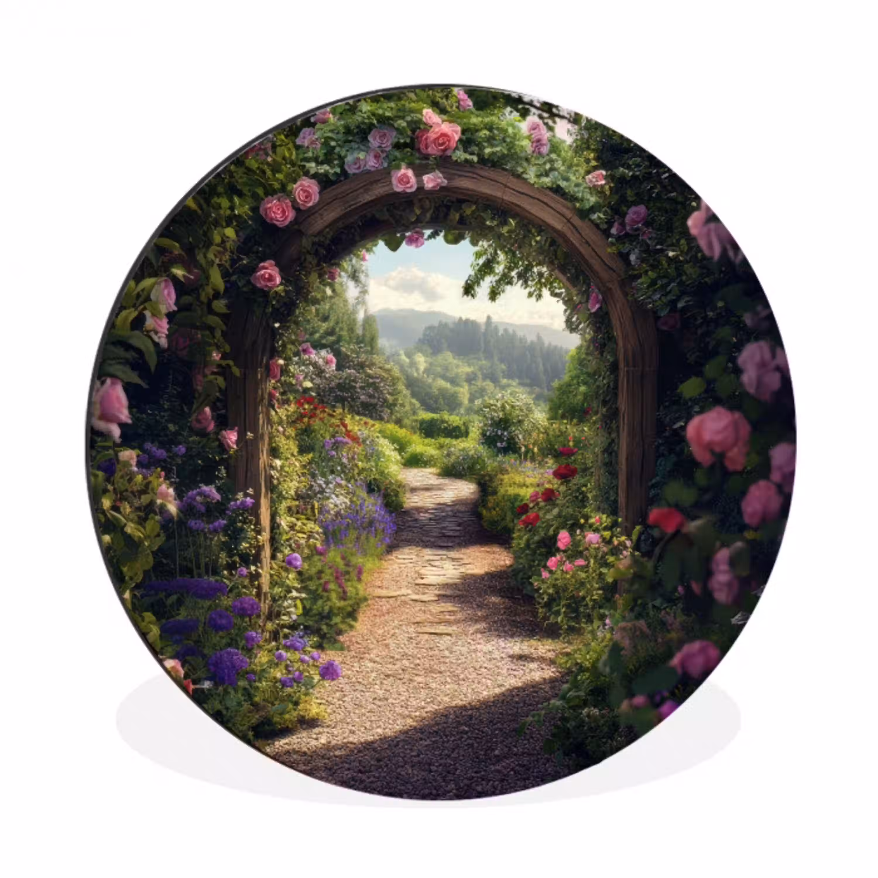 Doorkijk - Landschap - Bloemen - Rozenboog - Natuur Wandcirkel aluminium klein -3d