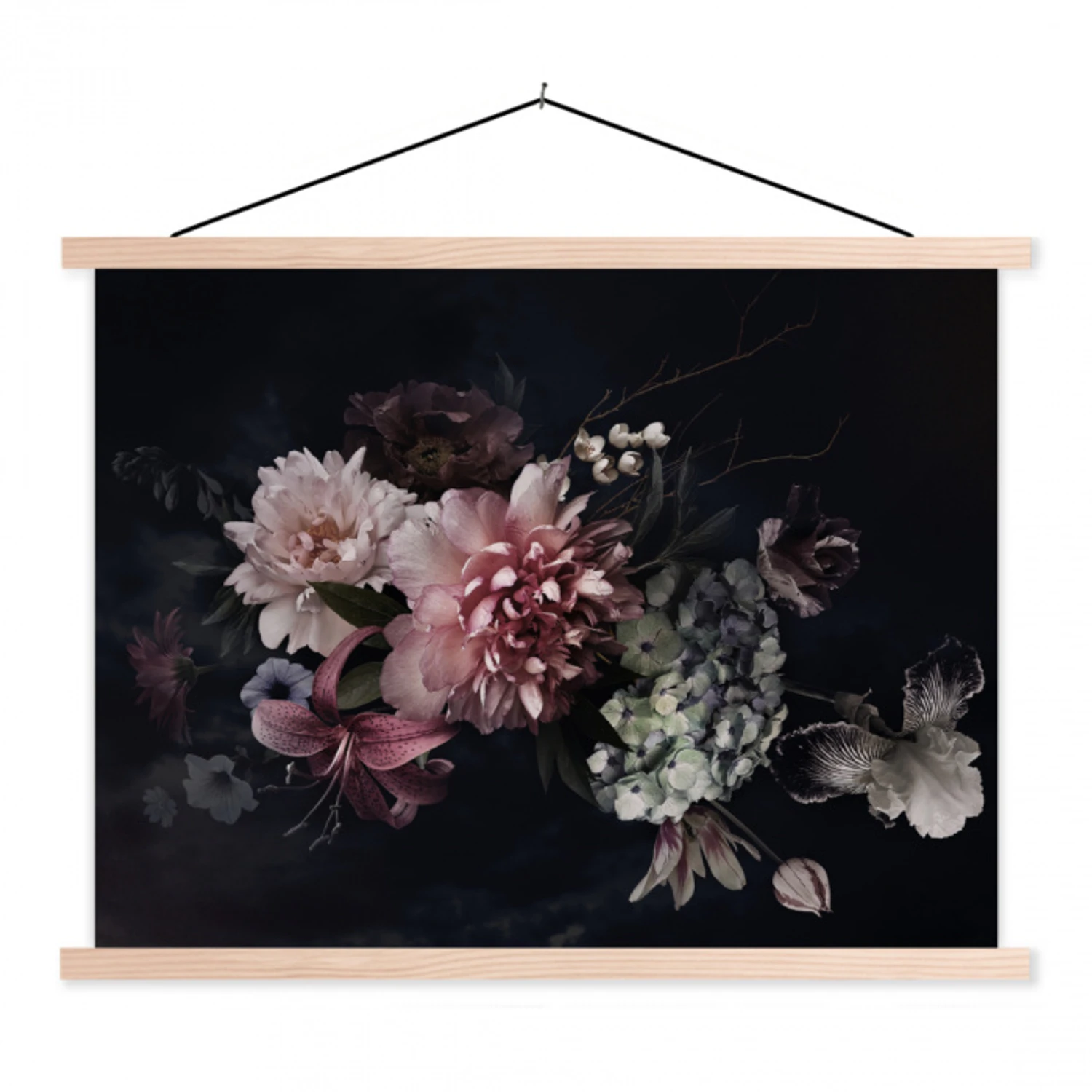 Bloemen - Vintage - Pastel - Zwart - Boeket textielposter latten blank klein -3d