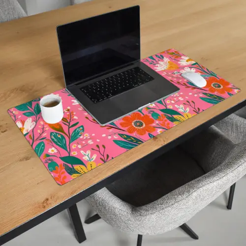 Roze - Bloemen - Wit - Oranje Muismat XXL klein -sfeer1