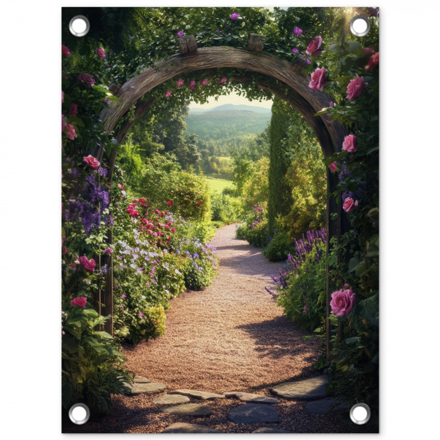 Doorkijk - Bloemen - Natuur - Rozenboog tuinposter los doek klein -3d