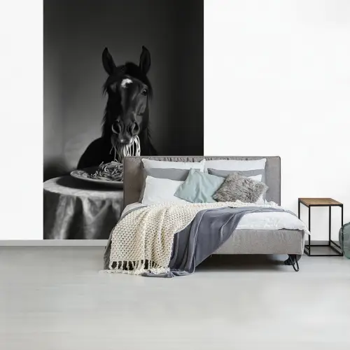 Paard - Bord - Pasta - Tafelkleed - Zwart Wit - Dieren fotobehang vinyl groot -slaapkamer