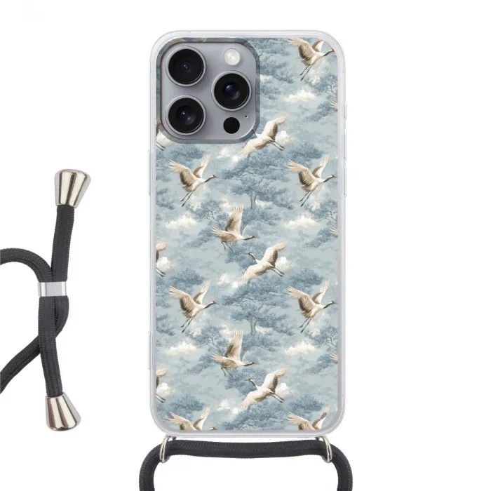 Wolken - Kraanvogels - Blauw Hoesje iPhone 16 Pro Max met koord klein 804 -3d