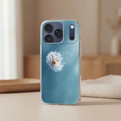Paardenbloem - Wind - Blauw Telefoonhoesje iPhone 17 Pro klein -sfeer2
