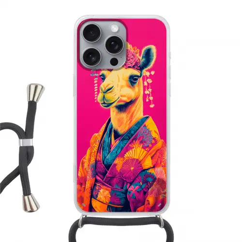 Kameel - Bloemen - Kimono - Waaiers Hoesje iPhone 16 Pro Max met koord klein -3d