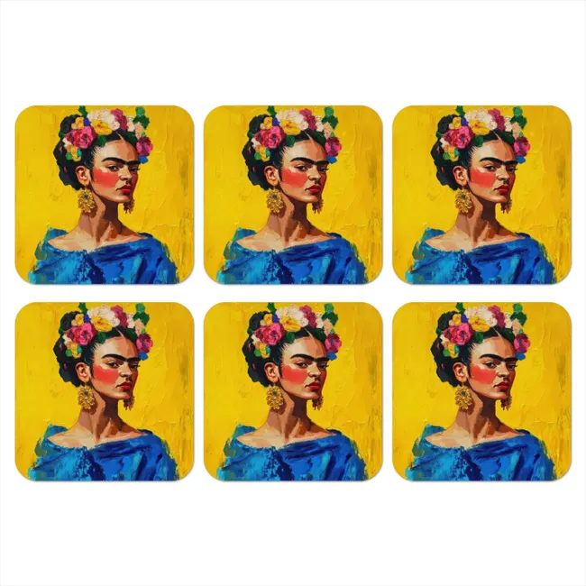 Coaster - Frida Kahlo - Woman - Yellow - Blue - Flowers