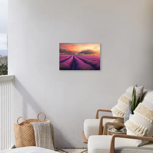 Lavendelveld - Quote - Zonsondergang Tuinposter op houten frame 2 cm dik klein -sfeer1