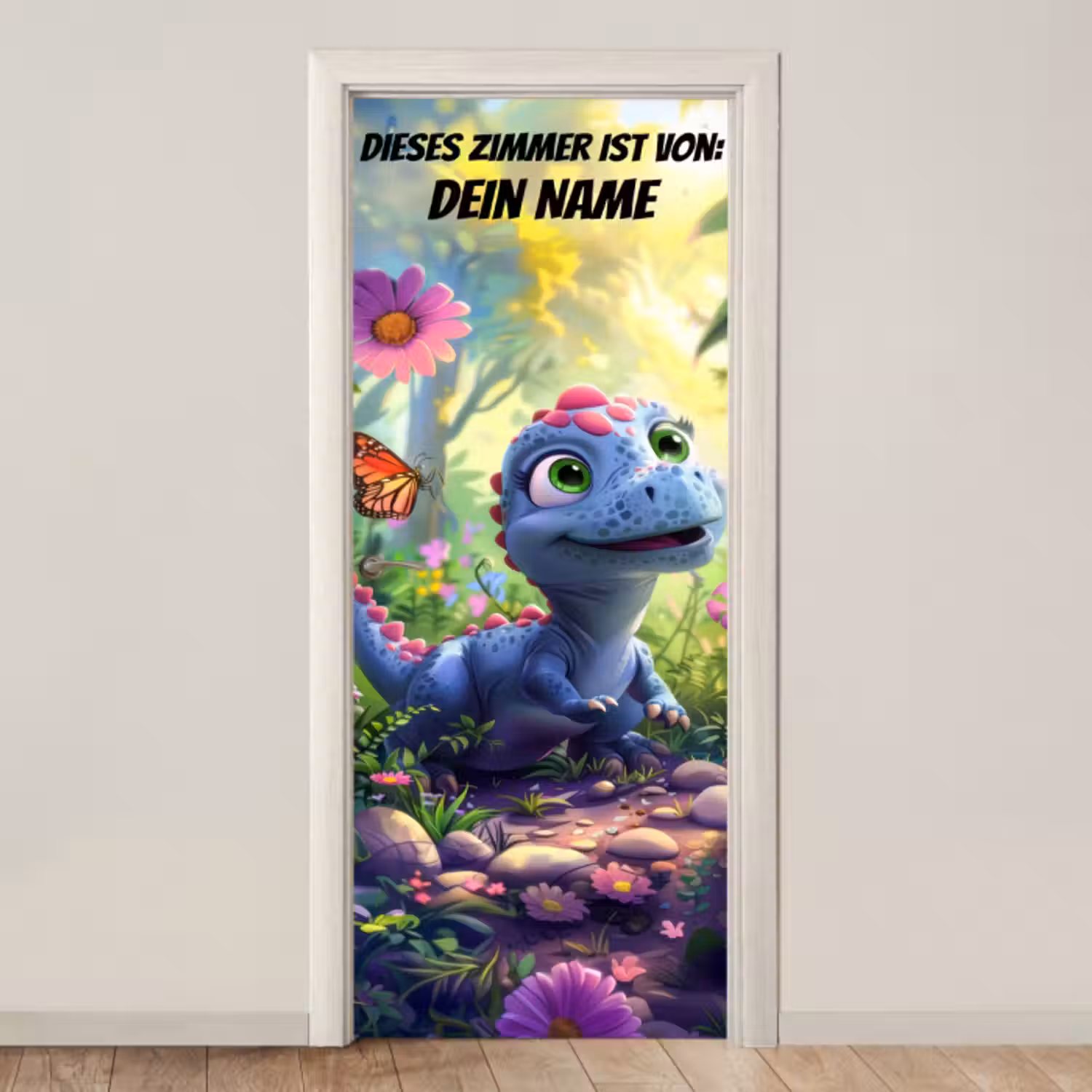 Türtapete mit Name - Süßer Dino im Blumenfeld mit Namensfeld.