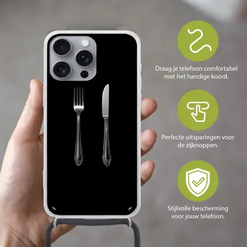 Vork - Mes - Zilver Hoesje iPhone 16 Pro Max met koord klein -sfeer2_NL