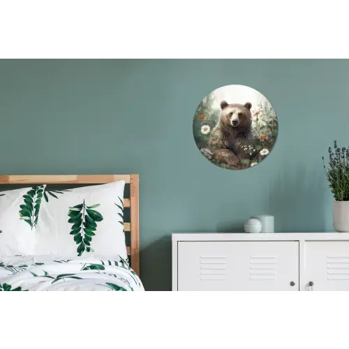 Bruine beer - Wilde dieren - Bloemen - Planten Wandcirkel aluminium klein -slaapkamer