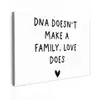 Engelse quote "DNA doesn't make a family, love does" met een hartje op een witte achtergrond canvas 2cm klein -z3d