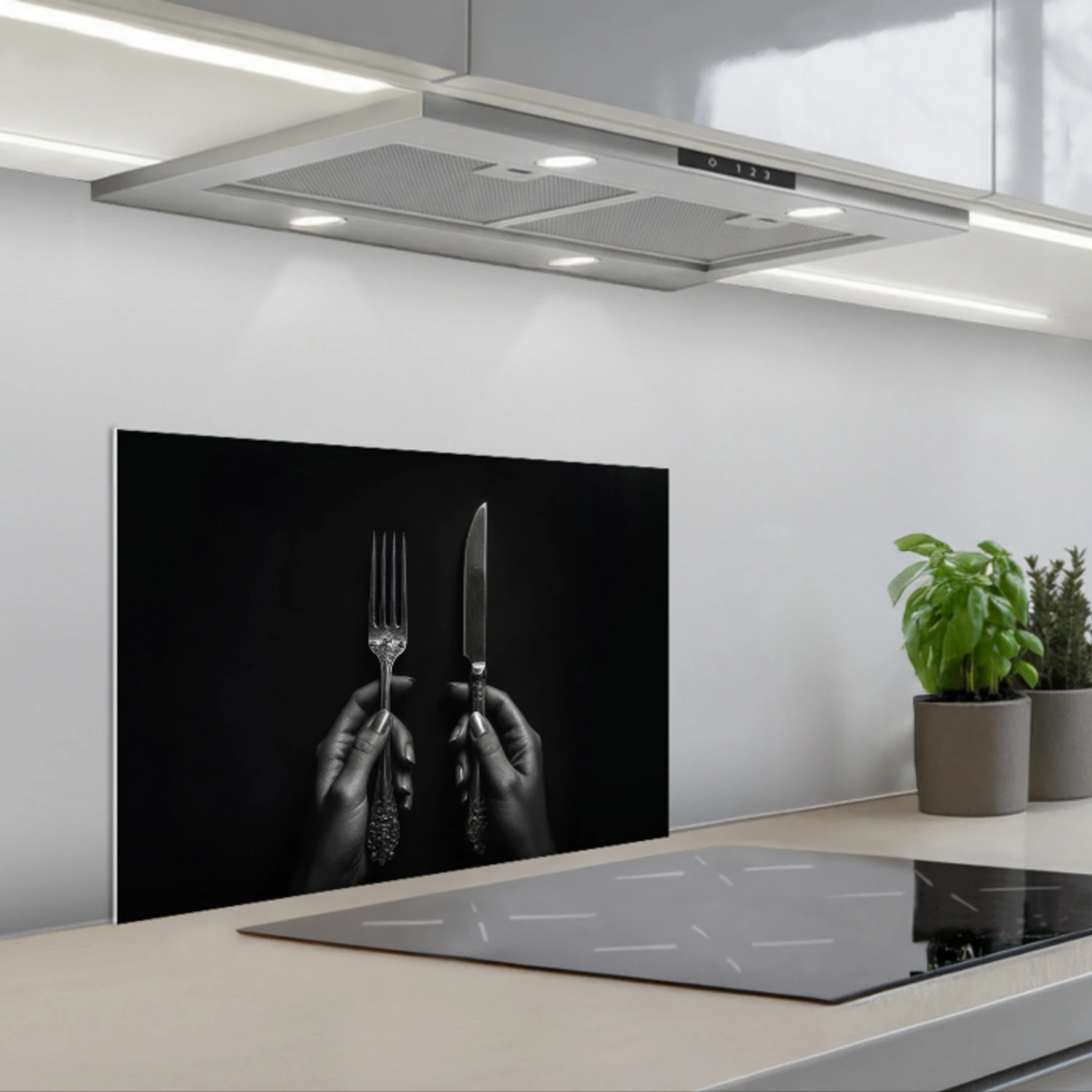 Bestek - Zwart - Wit keuken achterwand spatscherm klein -3d_schuin
