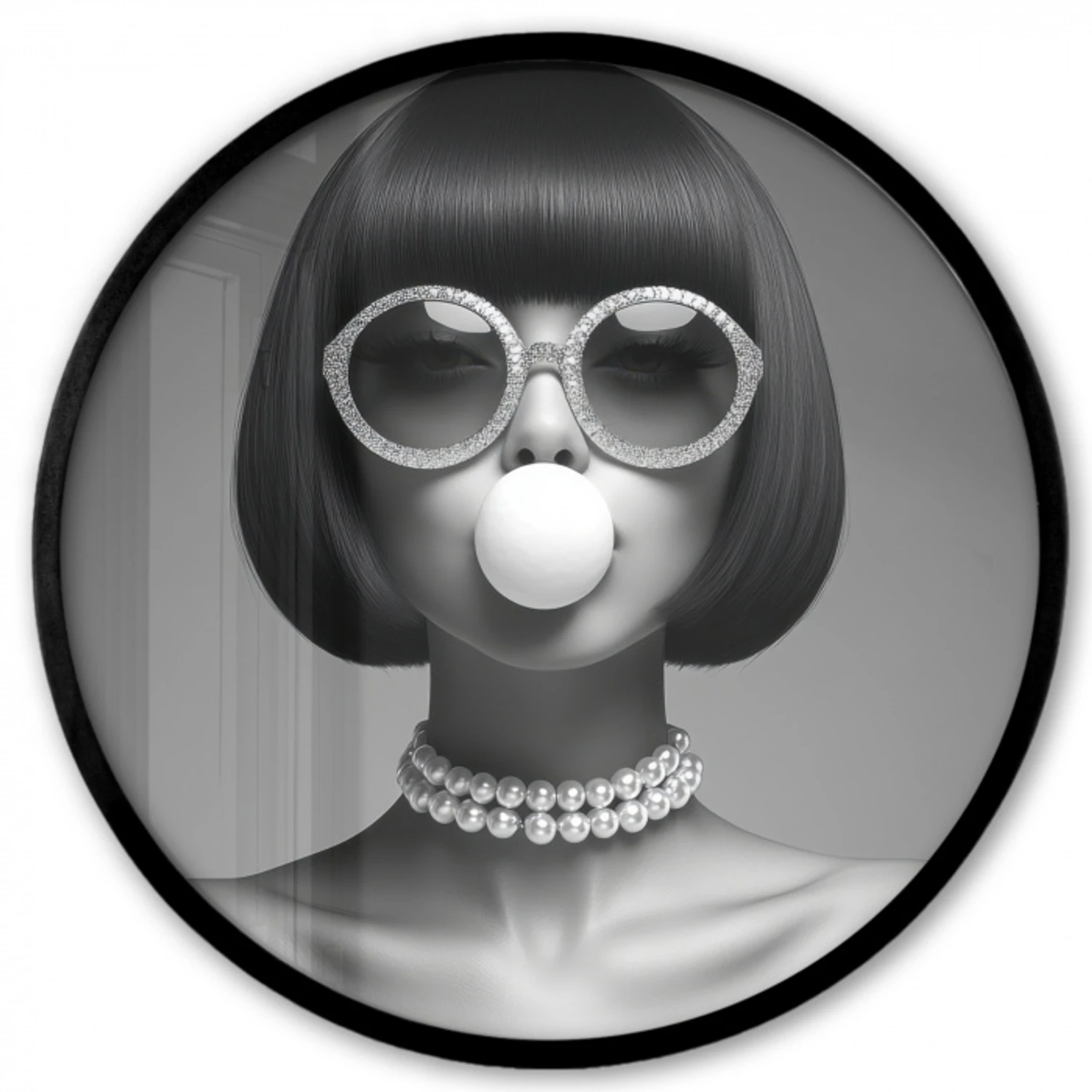 Vrouw - Zwart Wit - Ketting - Zonnebril Fotolijst rond zonder passe partout klein -3d