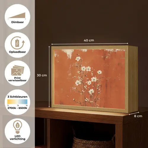 Bloemen - Wit - Subtiel - Roestkleur Light Box met batterij (Wandlamp) middel -USP_websiteoverzichtNL