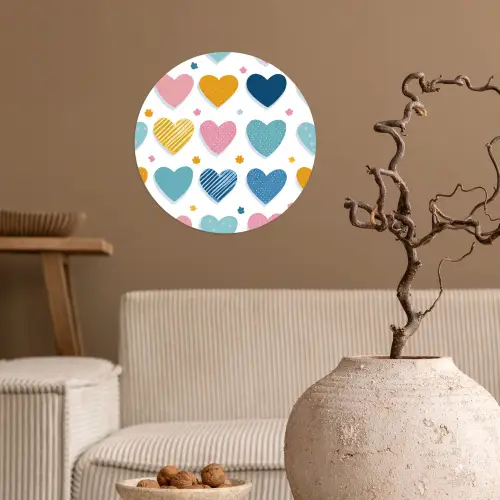Hartjes - Pastel - Kleurcontrast - Handgetekend Wandcirkel behangsticker klein -sfeer1