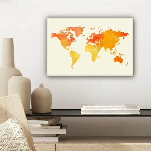Wereldkaart - Oranje - Kleurrijk canvas 2cm klein -sfeer6