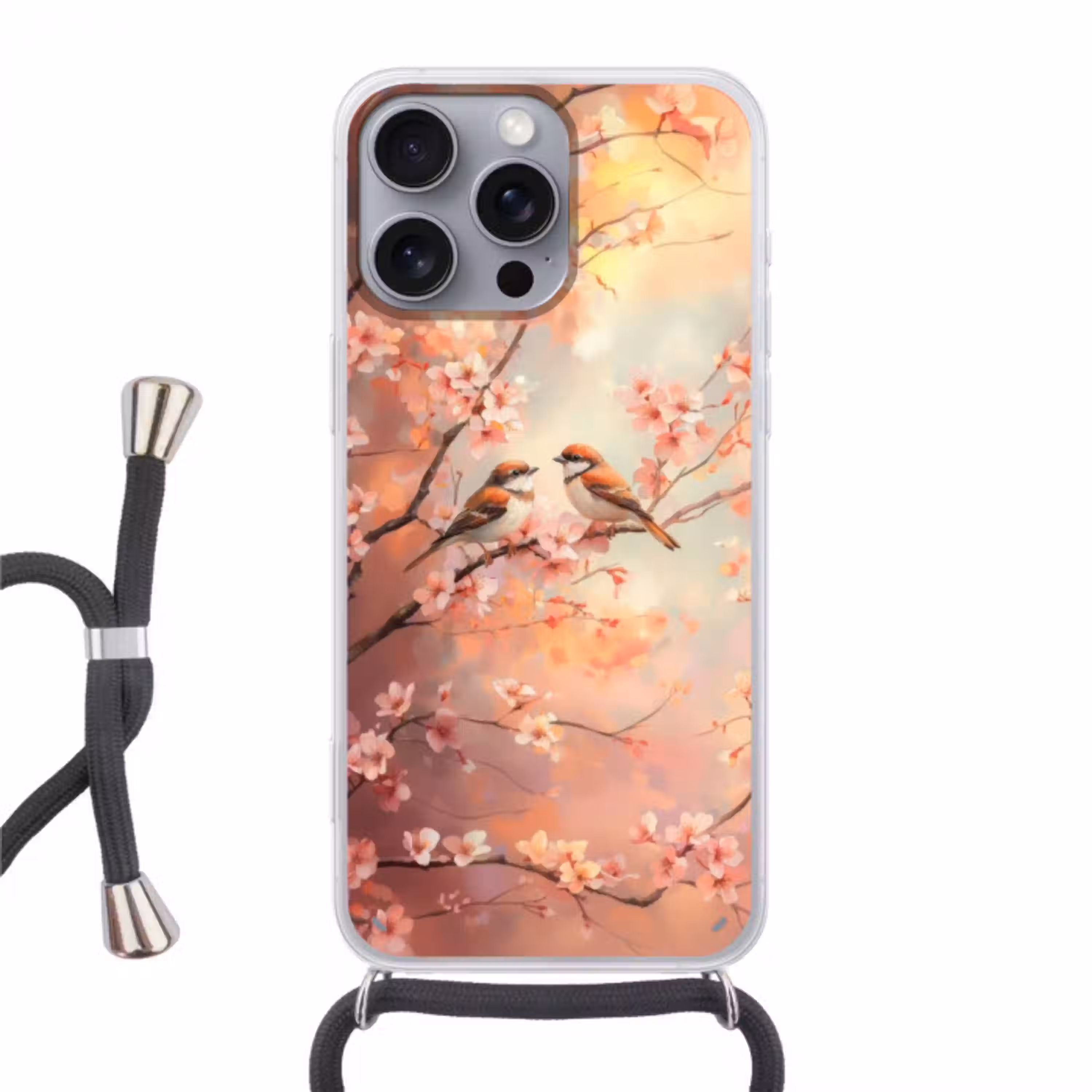 Vogels - Romantic - Bloesemtak Hoesje iPhone 16 Pro Max met koord klein -3d