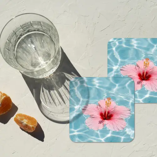 Hibiscus - Water - Roze onderzetter kurk middel -sfeer4