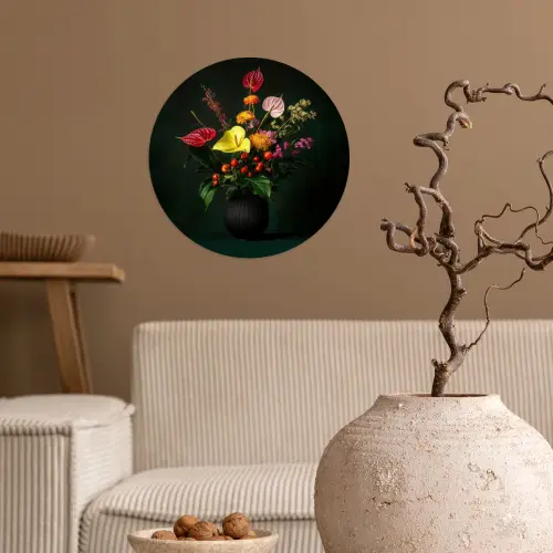 Bloemen - Vaas - Zwart Wandcirkel behangsticker klein -sfeer1