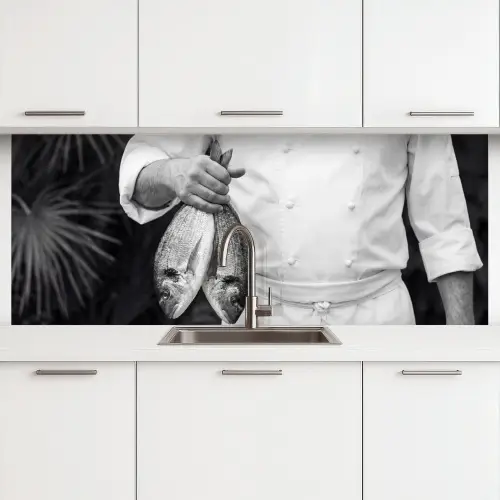 Vissen - Chef - Zwart - Wit keuken achterwand 2 middel -3d