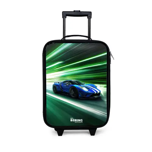 Blauwe raceauto met strepen in groene tunnel Kinderkoffer - Zwart klein -3d