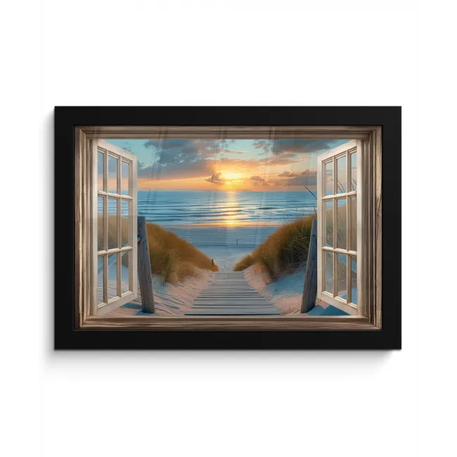 Doorkijk - Strand - Pad - Zonsondergang fotolijst zwart zonder passe partout klein -3d