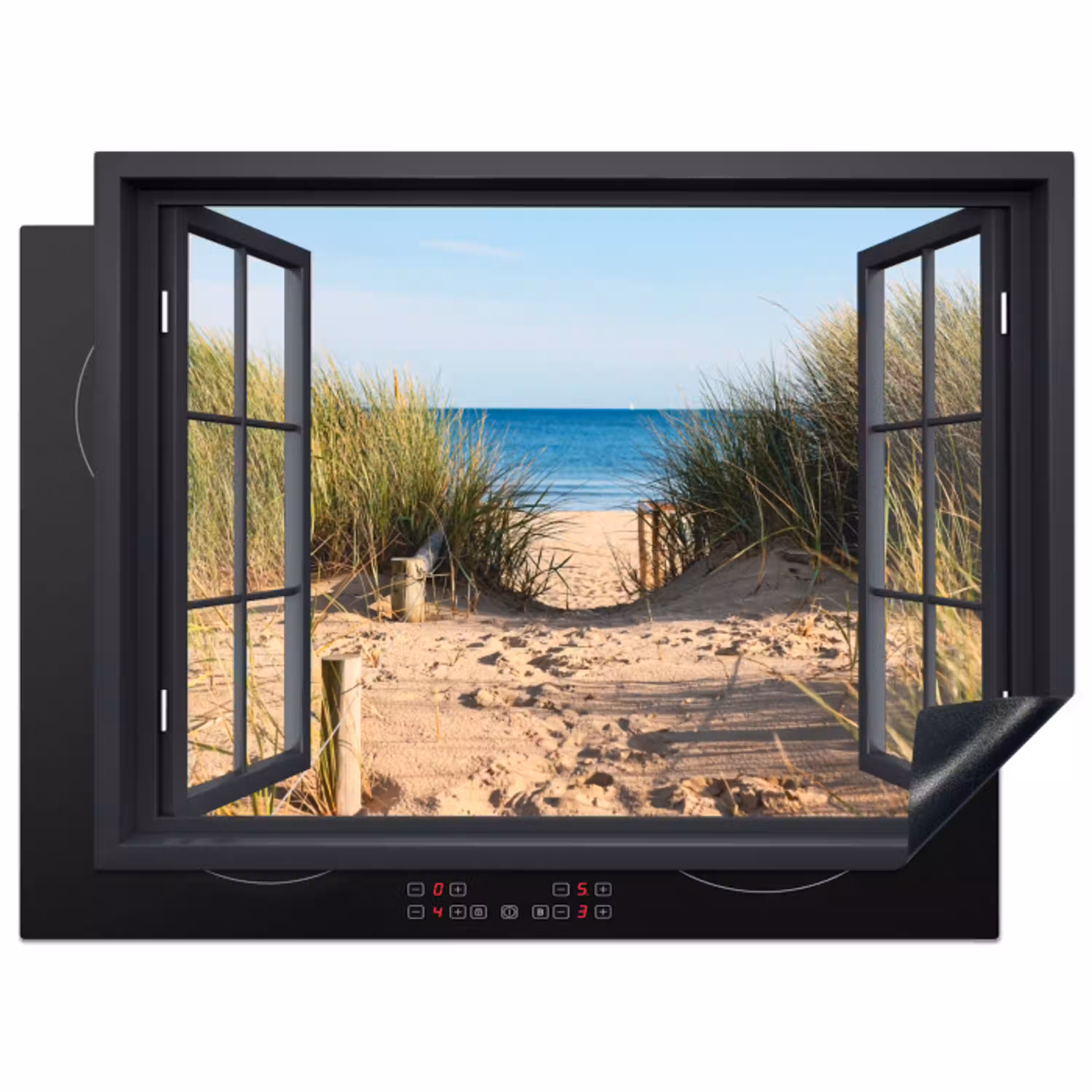 Doorkijk - Strand - Zee - Zand - Water - Helmgras - Duinen Inductie beschermer vinyl 3mm klein -3d