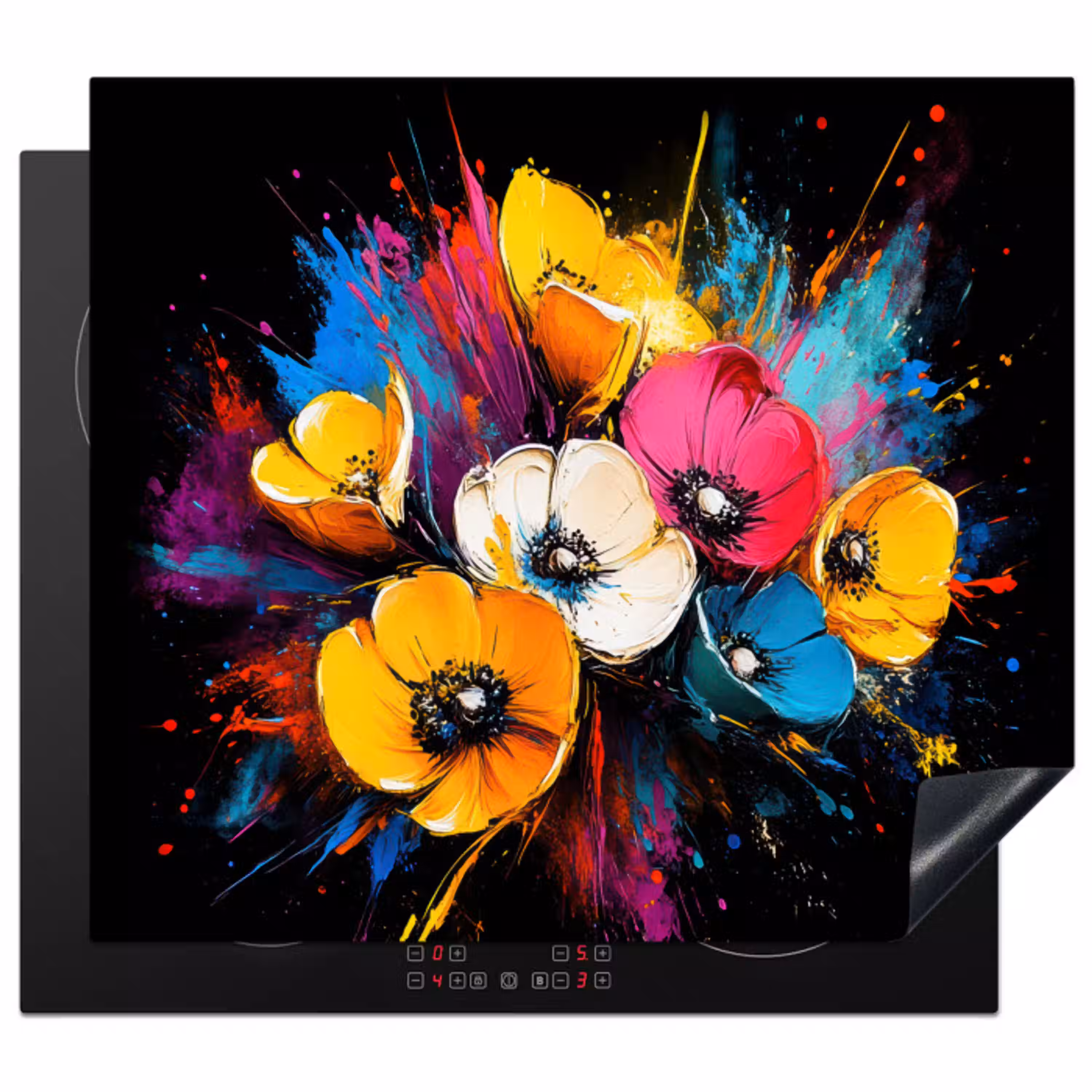 Bloemen - Kleurrijk - Graffiti - Modern - Boeket Inductie beschermer vinyl 3mm middel -3d