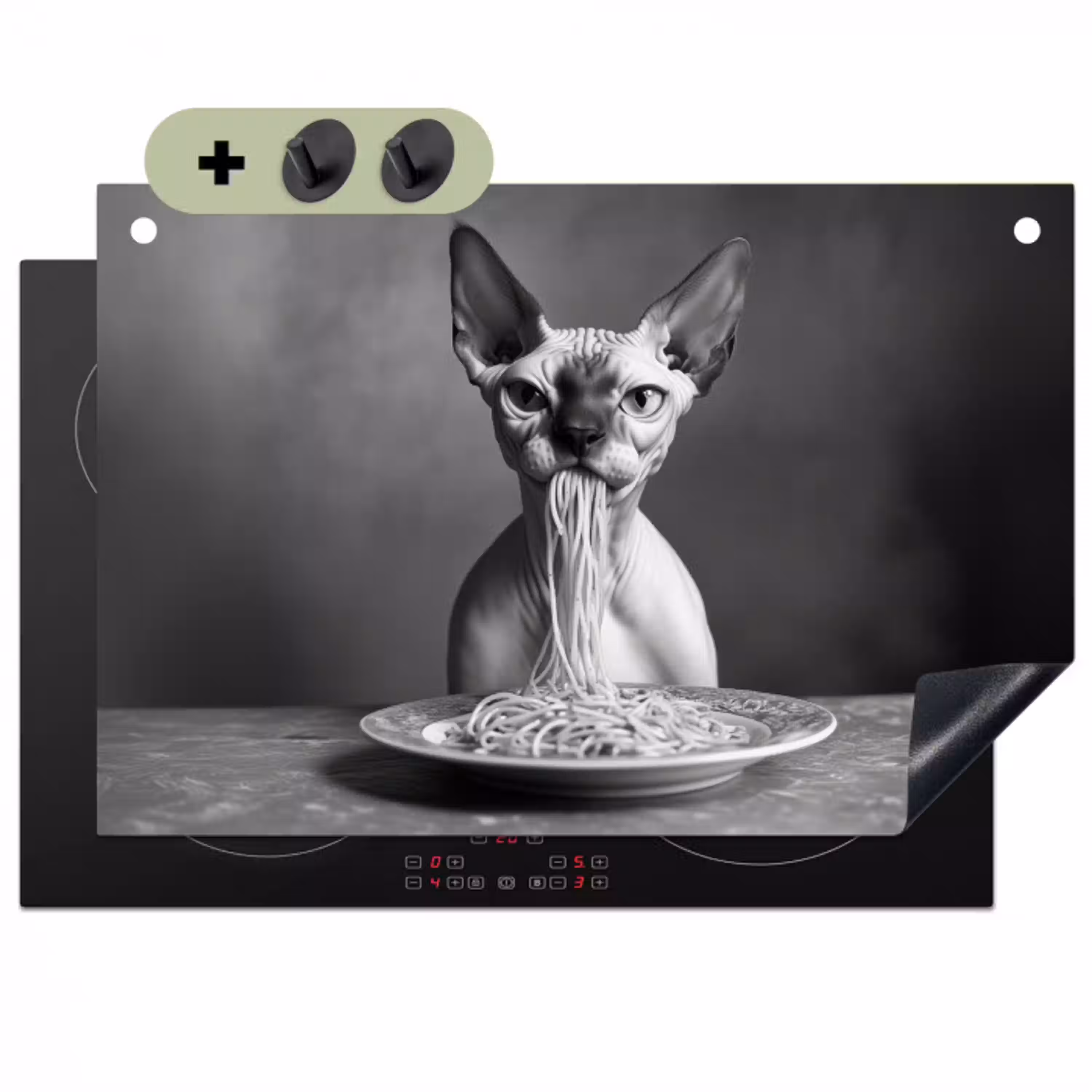 Sphynx - Kat - Dieren - Humor - Spaghetti - Zwart Wit Inductie beschemer met haakjes klein -3d