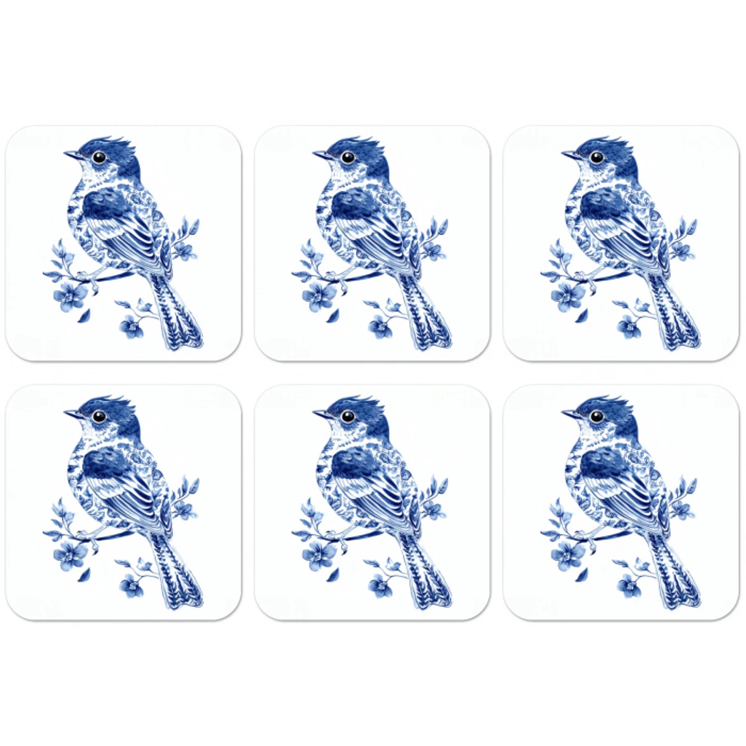 Vogel - Delfts blauw - Illustratie - Bloemen onderzetter kurk middel -zkaufland3dotto
