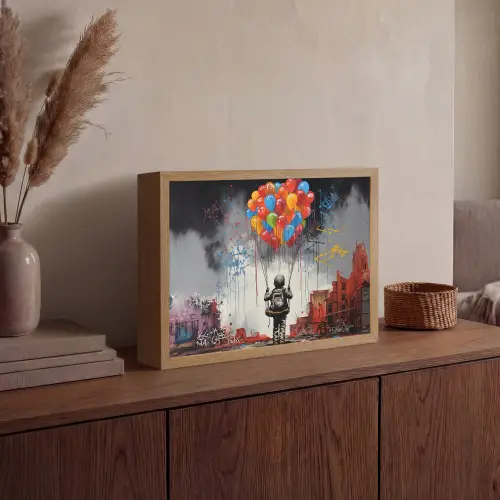 Jongen - Ballonnen - Gebouwen - Kunst Light Box met batterij (Wandlamp) middel -sfeer2