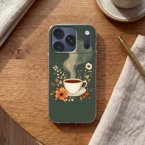 Kop - Bloemen - Groen - Koffie Telefoonhoesje iPhone 17 Pro klein -sfeer1