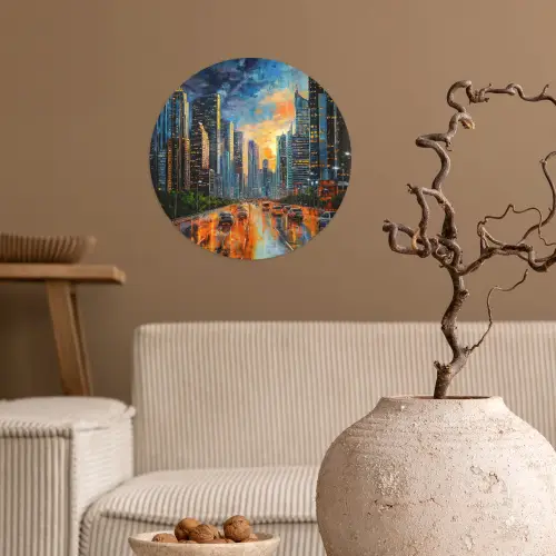 Auto - Skyline - Zon - Blauw Wandcirkel behangsticker klein -sfeer1