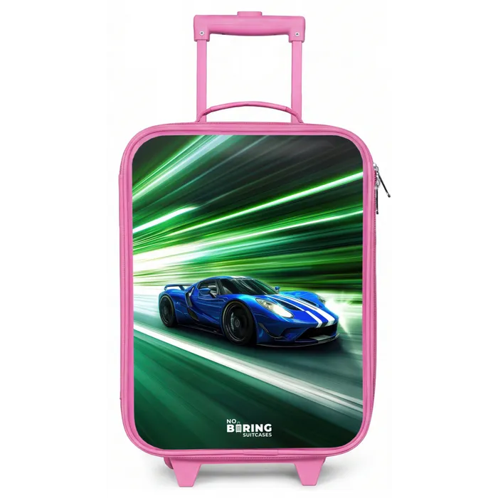 Blauwe raceauto met strepen in groene tunnel Kinderkoffer - Roze klein -zz3dotto
