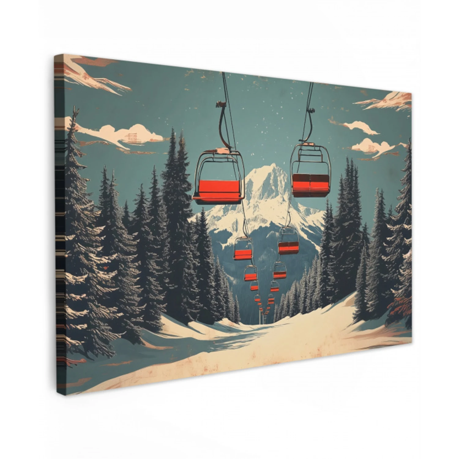 Sneeuw - Skilift - Rood - Bomen Tuinposter op houten frame 2 cm dik klein -3d