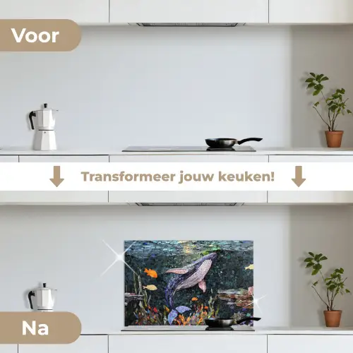 Mozaïek - Walvis - Koraal - Water keuken achterwand spatscherm klein -voor_na_NL