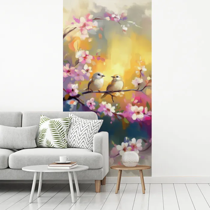 Vogels - Bloemen - Roze fotobehang vinyl groot -woonkamer