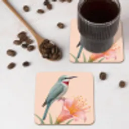 Vogel - Bloem - Natuur - Roze onderzetter kurk middel -sfeer2