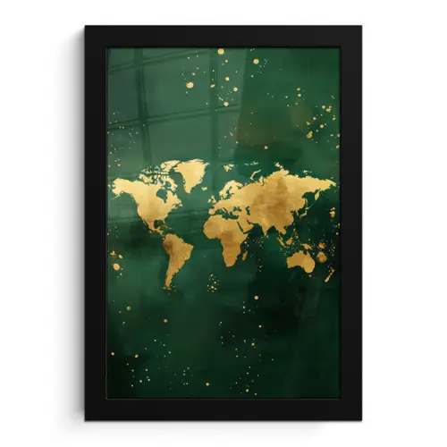 Wereldkaart - Groen - Goud fotolijst zwart zonder passe partout klein -3d