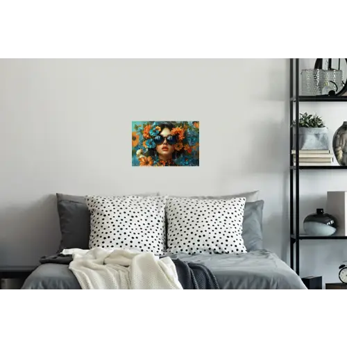 Vrouw - Bloemen - Oranje - Blauw - Modern Muursticker klein -slaapkamer