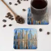 Skyline - Wolkenkrabbers - Water - Blauw onderzetter kurk middel -sfeer2