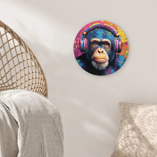Graffiti - Chimpanzee - Street art - Koptelefoon - Aap Wandcirkel kunststof plaat 5mm dik klein -sfeer5