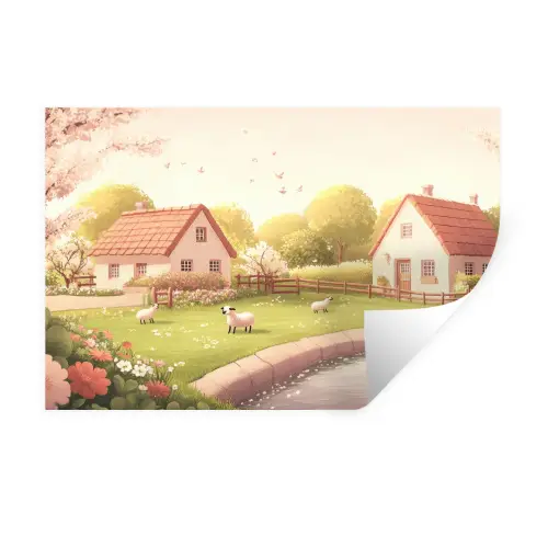 Schapen - Huisje - Platteland Muursticker klein -3d