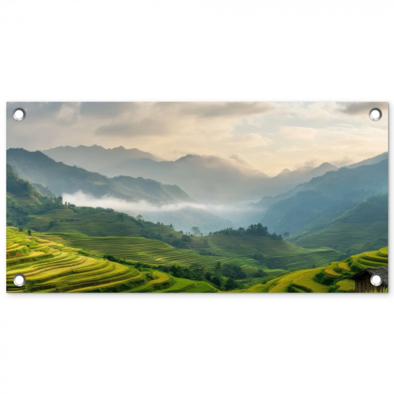 Rijstvelden - Bergen - Groen - Natuur tuinposter los doek klein -3d