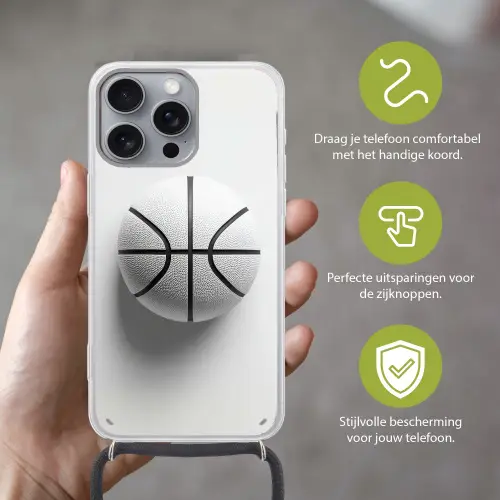 Basketbal - Wit - Schaduw - Lijnen Hoesje iPhone 16 Pro Max met koord klein -sfeer2_NL