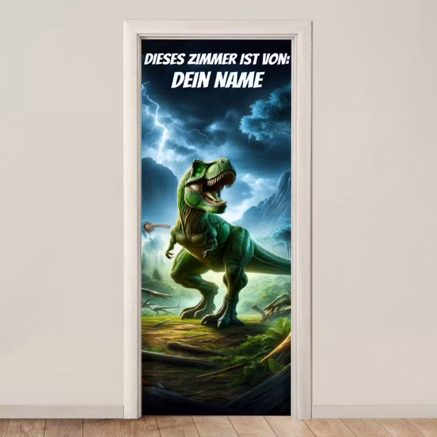 Türtapete mit Name - Grüner T-Rex im Gewitter mit Namensfeld.